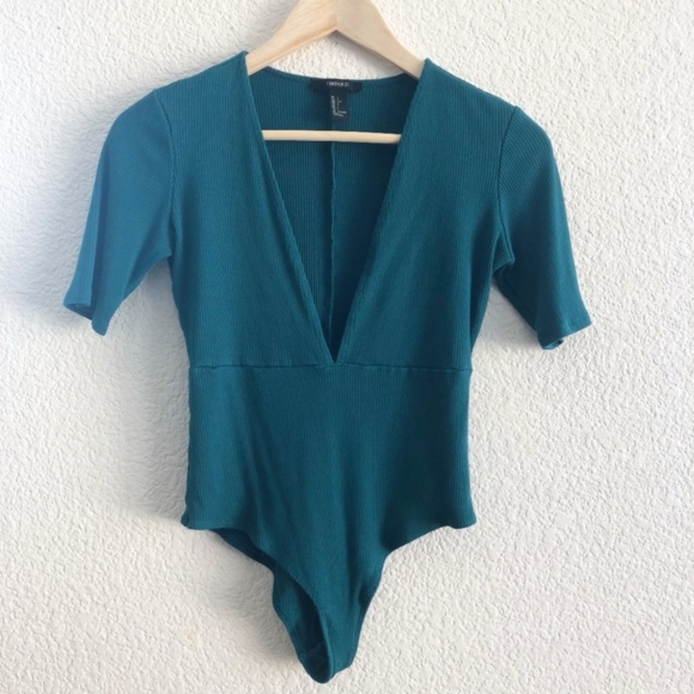 Forever 21- Ribbed Low V-Neck Bodysuit Teal
